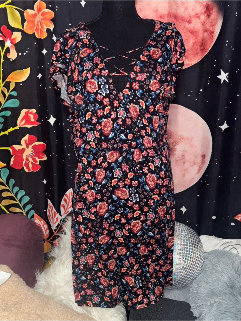 Floral Crisscross Black Dress with Orange & Blue Blooms